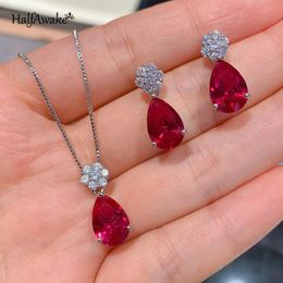 Sets Red Corundum Ruby Jewelry Sets Zircon Dainty Necklace Chain With Stone Pendant Drop Earrings For Women Piercing Ear Love Gift