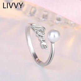 Band Rings LIVVY Silver Colour Elegant Pearl Love Heart Crystal Zircon Adjustable Ring For Woman Trendy Handmade Fine Fashion Jewellery Gifts 240125