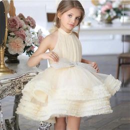 Girl Dresses Tulle Sleeveless Flower Wedding Bow Layered Puffy Party Ball Princess Beauty Pageant First Communion