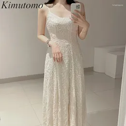 Casual Dresses Kimutomo Vintage Slim Lace Crochet Design Long Spaghetti Dress Woman Elegant V-neck High Waist Pleated Simple Tide