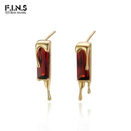 Earrings F.I.N.S 925 Sterling Silver Lava Red Cubic Zirconia Earrings Retro Style Geometric Square Piercing Ear Studs Fine Jewellery Gifts