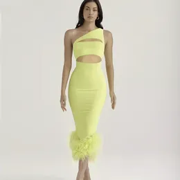 Casual Dresses 2024 Summer Yellow Colour One Shoulder Sexy Off The Patchwork Feathers Hollow Out Midi-Length Dress Evening