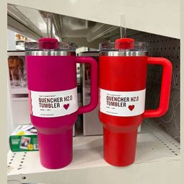Winter Pink Flamingo H2.0 40 Oz Cup Tumblers With Handle Insulated Straw Valentine's Gift Red Stainless Steel Cup With Logo 240126