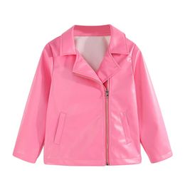 47T Kids Girls PU Jackets Fleece Coat Autumn Winter Children Clothes Outerwear Pink Jacket Side Zipper Design 240122
