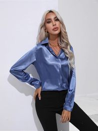 Women's Blouses Satin White Shirt Long Sleeve Collar Solid Single Breasted Silk Chemisier Femme Chic