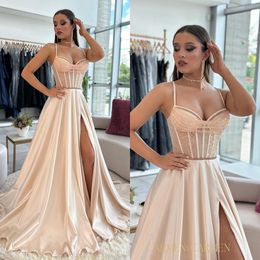 Champagne Prom Light Dress High Split Evening Elegant Sequins Straps Bone Bodice Party Dresses For Special Ocns Promdress es dress