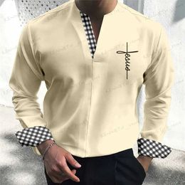 Men's Casual Shirts New Fashion V-Neck Solid Shirts Men Shirt Smart Casual Clothes Spring Summer Long Sleeve Tees Tops Men Loose Pullover Streetwear T240126