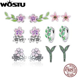 Earrings WOSTU 925 Sterling Silver Hoop Earrings Spring Flower Leaf Swallow Studs For Women Shining Zircon Earring Girl Party Jewellery New