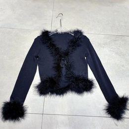 Women's Knits Spring V-neck Long Sleeves Sweaters For Women Ostrich Feathers Slim Black Sweet Sexy Knitted Tops Female Clothes Y3656