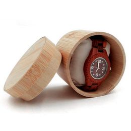 Round Jewellery Storage Boxes Natural Bamboo Watches Wooden Box Wristwatch Holder Collection Display Storage Case Gift Q935
