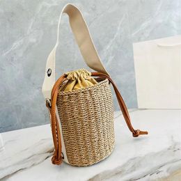 Summer String Bucket Bag Straw Crossbody Bags Women Weave Handbag Purse Genuine Leather Shoulder Bags Detachable Thin Strap Pouch 284g