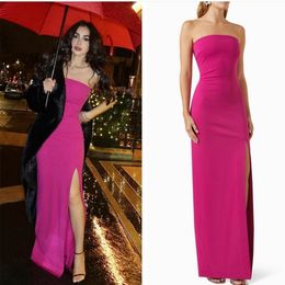 Elegant Long Pink Sleeveless Prom Dresses With Slit Sheath Strapless Crepe Party Dress Maxi Formal Floor Length Evening Dresses for Women