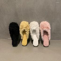 Slippers Women Fashion Elegant Round Toe Lamb Hair Winter Outdoor High Heel Banquet Plush Shoes Female Zapatillas Mujer