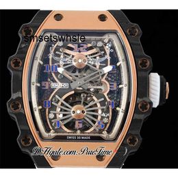 Watches for Men Rose 21-01 Real Case Gold Tourbillon Fiber Hand Winding Carbon White Rubber Strap Super Edition