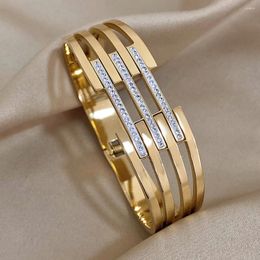 Bangle DODOHAO 1PC Chunky Inlaid Rhinestone Intersect Stainless Steel Bracelets Gold Color Women Wide Cuff Daily Jewelry Gift