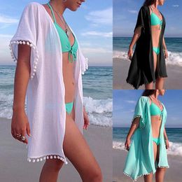 Casual Dresses Women Boho Beach Solid Tessel Patchwork Holiday Chiffon Dress High Waist Bikinis Split Swimsuit Padded