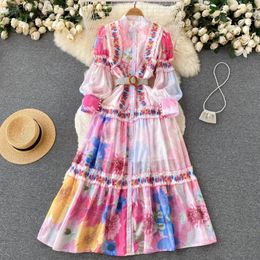 Casual Dresses Women's Clothing Lantern Sleeve Pink Printed Elegant A-Line