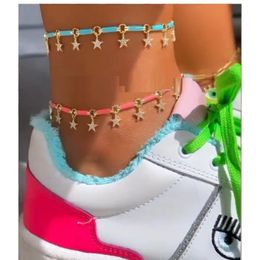 Neon Enamel Colorful Summer Beach Jewelry Gold Color CZ Star Charm Bamboo Link Chain Anklet For Women 240125