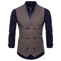 Men Business Suit Vest Sleeveless Double Breasted British Style Plaid Waistcoat Slim Fit Formal Blazers 240119