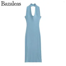 Casual Dresses Bazaleas Women Official Store Summer Knits Elastic Slim Sexy Halter Deep V-neck Midi Dress Backless Party