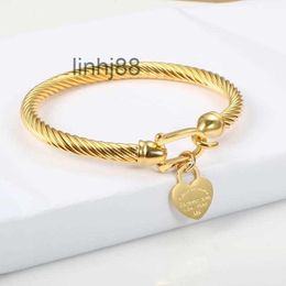 Bangle Titanium Steel Cable Wire Gold Color Love Heart Charm Bracelet with Hook Closure for Women Men Wedding Jewelry Z6HP