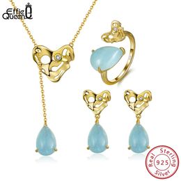 Charm Effie Queen Natural Aquamarine Gemstone Sterling Sier Jewellery Set Earrings Ring Necklace Set Bridal Wedding Jewellery Ssgm05