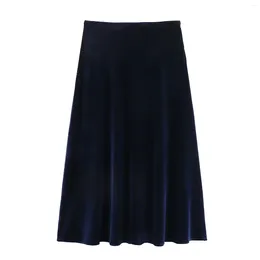 Skirts Solid Velvet Midi Skirt Women Party High Waist Long Elegant A-Line Soft Autumn Streetwear Korean Style