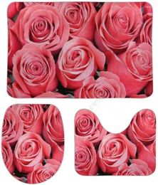 Bath Mats 3 Pieces Bathroom Rugs Set Non-Slip Big Pink Roses Floral Contour Toilet Lid Cover Tub Shower Rug Floors Doormat