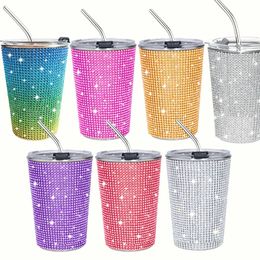 400ml Glitter Tumbler Straw Juice Cups Vacuum Insulated Cups Stainless Steel Ice Milk Bottle Party Gift Cup Girl Travel Mug 0126