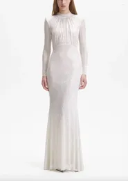 Casual Dresses Fantastic Luxury Fall 2024 Women Evening Party White Rhinestone Mesh Long Sleeve Maxi Dress Office Lady Classic Elegant