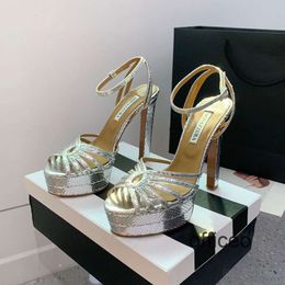 En kaliteli altın gümüş aquazzura sandal yüksek topuklu ayakkabılar ayak bileği kayış tıknaz blok topuklular elbise ayakkabı pompalar lüks tasarımcılar sandal kadınlar 13mm