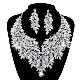 Luxurious Dubai Style Wedding Jewelry Sets Rhinestone Crystal Statement Bridal Silver Color Prom Necklace Earring Christmas Gift 240125