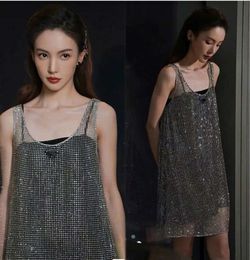 Fashion new Jinchen star same bright diamond suspender vest skirt full sleeveless round neck mid-length dress Fashion Brand Clothes