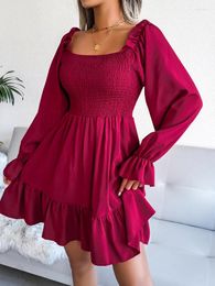 Casual Dresses Spring And Autumn 2024 Women's Elegance Fashion Long-Sleeve Square-Neck Skirt Solid Colour Ruffle Dress Female