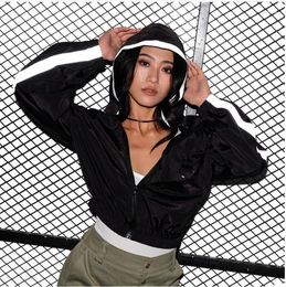 Women's Hoodies Ubei Spring Long-sleeved Hooded Thin Fashion Crop Top Short Casual Black Reflective Women