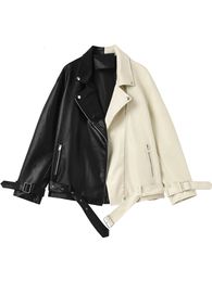 FTLZZ Spring Autumn Lapel Splicing Pu Leather Jacket Women Moto Frenulum Faux Soft Leather Coat Casual Loose Outwear With Belt 240119