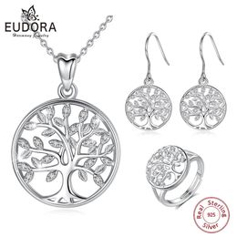 Sets Eudora 925 Sterling Silver Tree of Life Adjustable Ring & Earrings Ring & Necklace Trendy Jewellery Set for Men Women Wedding Gift