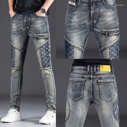 Men's Jeans Fashion Men Slim Fit Patchwork Male Retro Distressed Denim Pants Embroidered Pocket Y2K Punk Boyfriend Vintage Trousers