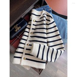 Women's Knits Autumn Black And White Striped Knitted Cardigan 2024 Winter Fashion Elegant Sweater Korean Small Fragrance Jacket