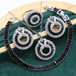 Sets Silver Jewelry Set For Women Wedding Luxurious Black Crystal Bracelet Earrings Necklace pendant Ring Birthday Gift