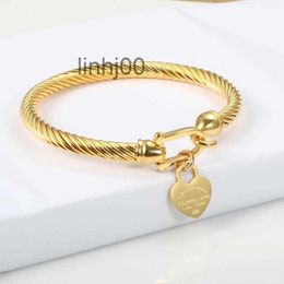 Bangle Titanium Steel Cable Wire Gold Color Love Heart Charm Bracelet with Hook Closure for Women Men Wedding Jewelry Z6hp Govi WED9