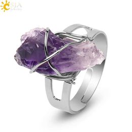 Band Rings CSJA Women Ring Natural Stone Irregular Crystal Silver Colour Wire Wrapped Adjustable Open Rings Reiki Fashion Jewellery Party G559 240125