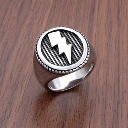 Band Rings Free Shipping Punk 316L Stainless Steel Geometric Round Big Wide Men's Signet Vintage Lightning Pattern Ring Jewelry For Gift 240125