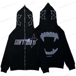 Men's Hoodies Sweatshirts Women Men Y2K Fashion Hoodie Rhinestones Graphics Print Zip Hoodie clothes Hoodies Goth Long Sleeve Sweatshirt Oversized Top T240126