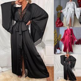 Women's Sleepwear Oversized Ice Silk Satin Women Robes Luxury Lace Long Batwing Sleeve Soft Drawstring Waist V-Neck Maxi Pijama