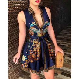 Summer Dresses Women Lace Up Button Down Chain Printed Lapel Neck Party Dress Sexy Bandage Shirt Dress 3xl Plus Size Women Designer Clothing 3363