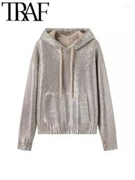 Women's Sweaters FANS Shiny Metallic Women Loose 2024 Spring Pocket Front Knitted Pullovers Female Crop Top Y2K Street Jumpers