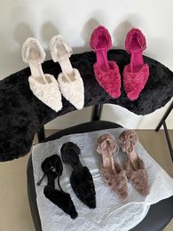 Sandals Pointed Toe Women Sandals 2023 New Arrivals Thin High Heels Fur Design Elegant Pink Rose White Khaki Ankle Strap Summer Sandals J240126