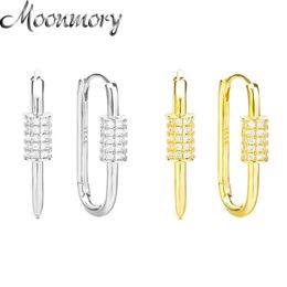 Earrings Moonmory 100% 925 Sterling Silver Silver Paper Clip Earrings Rectangle Geometric White Green Zircon 2021 European Pop Jewelry