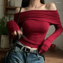 Women's T Shirts Women Sexy Ruched Double Layer Off The Shoulder Long Sleeve Crop Top Solid Colour Bodycon Slim-Fitted Knitted T-Shirt